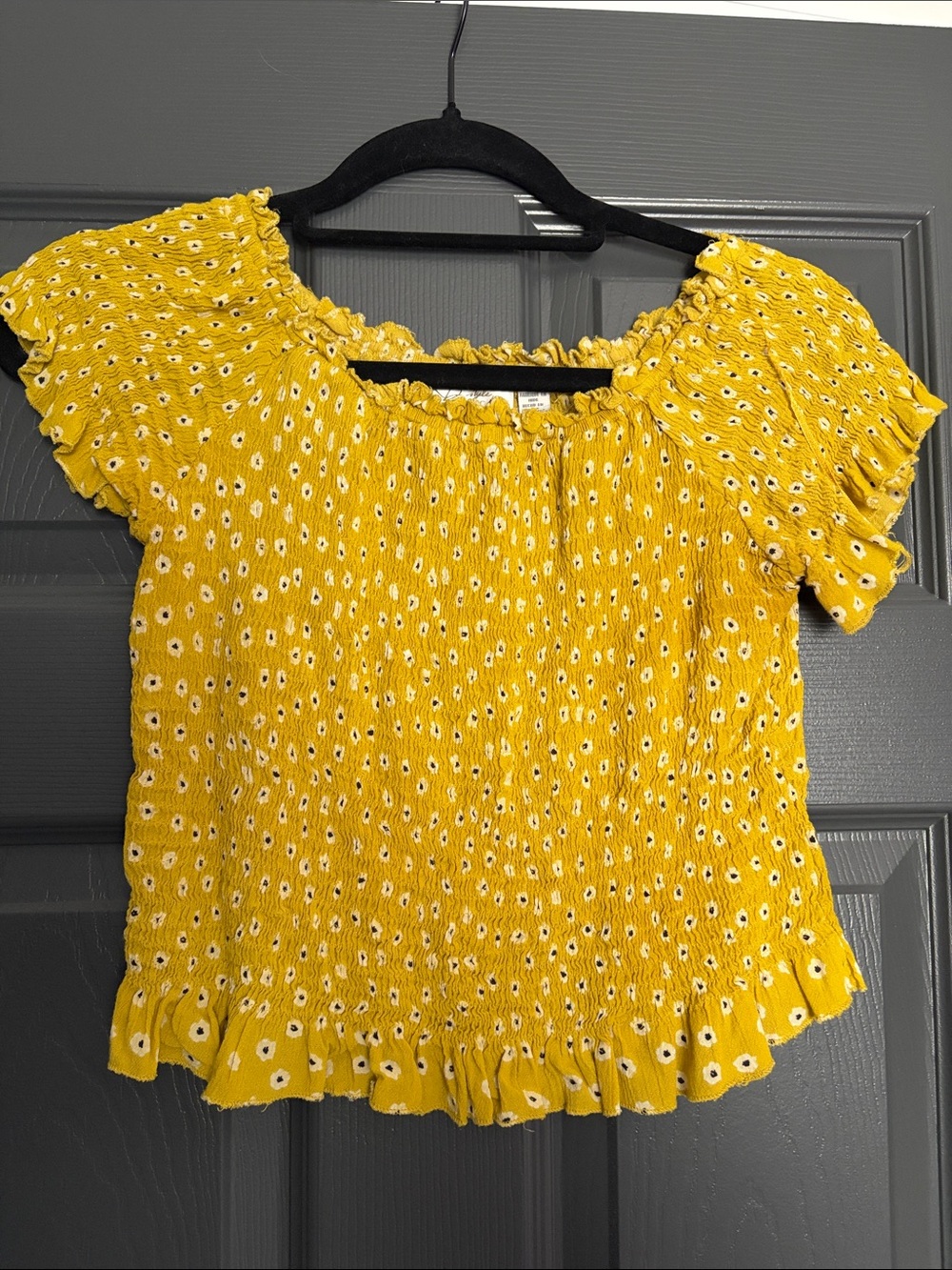 RD Style Mustard Yellow Smocked Floral Crop Top with Ruffle Hem